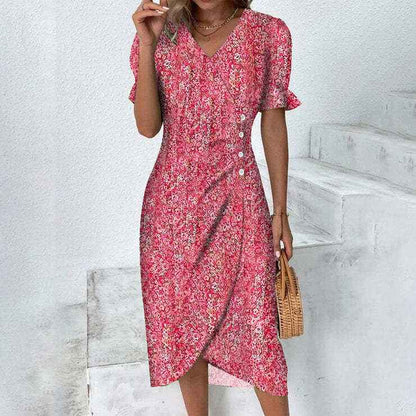 Slim-fit Women's Geometric Collage Bubble Sleeves Irregular hem Dress Sub Female Split Dress Summer Floral dress
