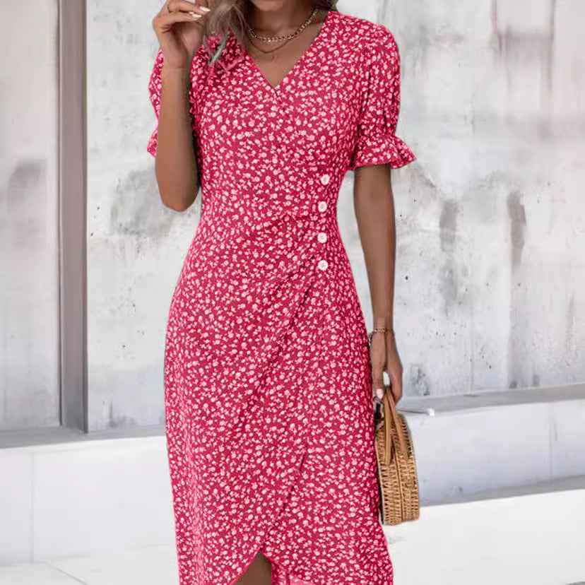 Slim-fit Women's Geometric Collage Bubble Sleeves Irregular hem Dress Sub Female Split Dress Summer Floral dress